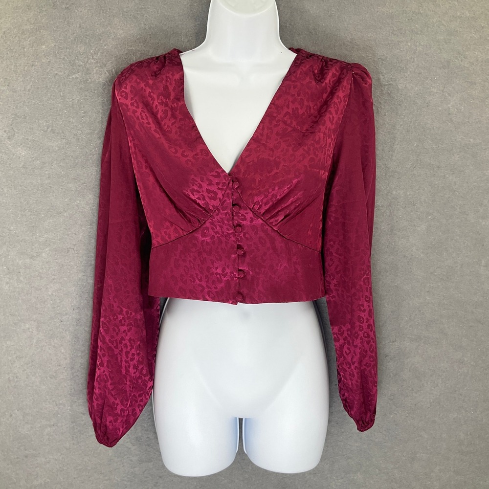 Milk &‎ Honey Top Burgundy Leopard Sz M Babydoll Crop Whimsigoth Boho Blouse